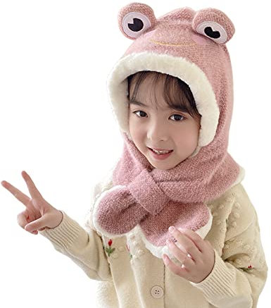 Kapuzenschal Kinder Schalmütze, Unisex Baby Jungen Mädchen Winddichte Kindermütze Cartoon Frosch Wintermütze Kleinkind Mütze Beanie Hut Plüsch Ohrenklappen Hüte für Baby 3-6 Jahre,Rosa