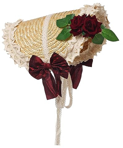 COSDREAMER Girls Women Victorian Bonnet Tea Party Hats Flowers Straw Hat Wine Red