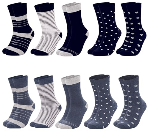 Chalier Cozy 10 Paia di Calzini in Cotone Multicolori da Donna con Righe, Pois e Cuori - Stile Classico e alla Moda, Regalo Perfetto per le Donne, Taglia Unica(Colore misto 3)