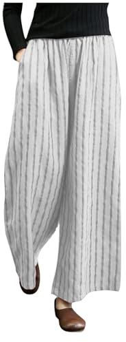 AMhomely Cropped Trousers for Women Cotton Linen Culottes Pants with Pocket Plus Size Casual Trousers High Waist Loose Palazzo Trousers Vintage Hippie Trousers Ladies Lounge Pants Going Out White XL