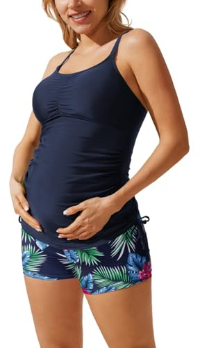 Maacie Women's Maternity Tankini Swimsuits Pregnancy Two Piece Bathing Suits Navy Blue M