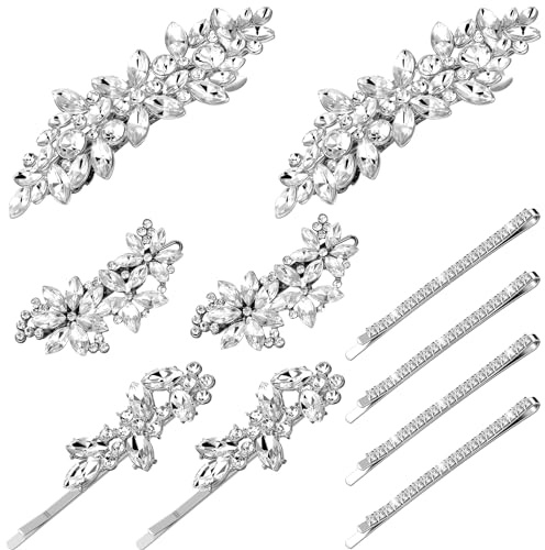 Janinka 10 Pieces Rhinestone Wedding Hair Clips Bridal Crystal Bobby Pins Silver Barrette Leaf Flower Wedding Elegant Hair Accessories for Bride Women and Girls(Leave Style)