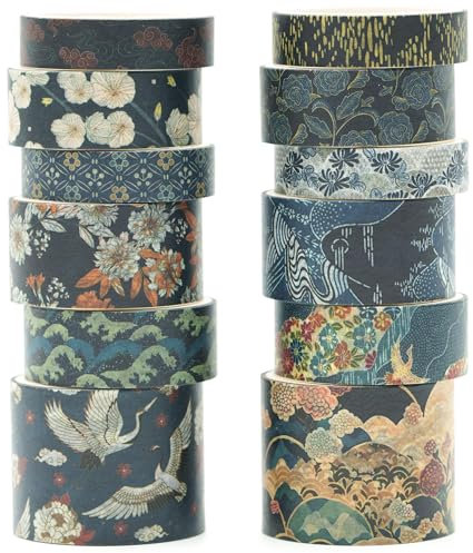 KAVI' S 12 Rollen Kyoto Charme Washi Tape Set Klebeband Papier Dekorativ Masking Tape Klebeband Bunt für Scrapbooking Handwerk Handwerk (Cerulean Showa)