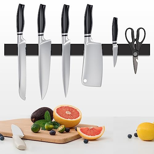 Tuevob 20 Inch Magnetic Knife Strip Stainless Steel Wall Magnetic Knife Bar Holder Utensil Tool Rack Magnet Kitchen Knife Organizer Self-Adhesive Drilling Wall Hanging Knife Storage Block Set -Black