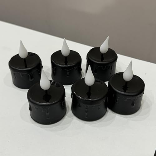 FREEPOWER 6 velas de té LED negras con temporizador (6 horas), parpadeo, luz blanca cálida, velas eléctricas recargables con cable USB, decoración familiar de Halloween Navidad, diámetro 4 x 5,5 cm