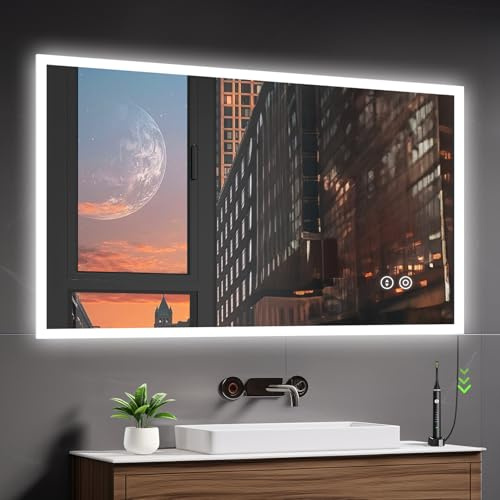 YOLEO Badspiegel mit Beleuchtung 120x80cm, LED Spiegel Wandspiegel mit Steckdose, Badezimmerspiegel LED Beschlagfrei, 3 einstellbare Lichtfarbe