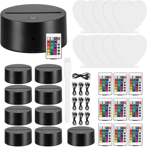 10 Pieces Clear Acrylic Sheets and 10 Pieces 3D Night LED Light Lamp Base with Remote Control and USB Cable, DIY Acrylic Led Night Lamp Sets for Bar Room Decoration, 7 Colors & 2 Modes (Heart shape)
