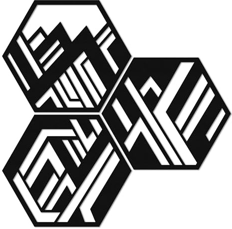 ebenkunst Geometrische Hexagone Wanddeko – 3-teiliges Wandbild aus MDF | Schwarz durchgefärbtes MDF, 3 Hexagone, ca. 92 x 91 cm gesamt, je ca. 52 x 45 cm, Made in Germany