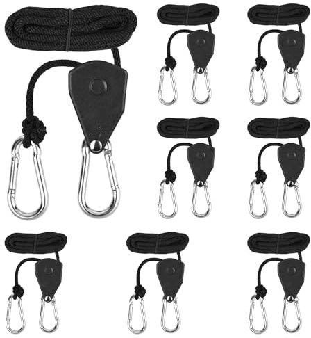Diealles Shine 8 Pezzi Cricchetto di Corda Regolabili, 2m Corda Cricchetto con Gancio 1/8 Rope Ratchet, per Pianta Crescere Lampada, Tenda, Escursioni, Nylon, Nero