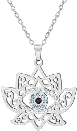 Dreamtimes Böses Auge Halskette für Frauen Böses Auge Lotus Schutz Anhänger Halskette Edelstahl Lotus Halskette Lotus Blume Charme Halskette Einzigartige Schutz Amulett Schmuck (Silber)
