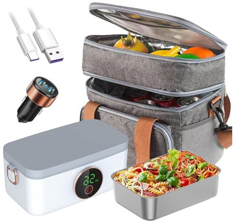 LFLIFENG Fiambrera Electrica Coche Recargable E Inalámbrico, Fiambrera Acero Inoxidable Portátil Y con Batería De 16000 mAh, Fiambrera Niña