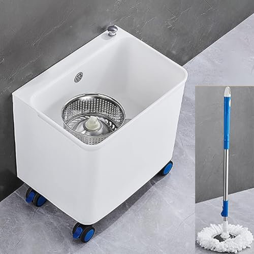 Fregadero De Fregona Portátil con Kit De Drenaje, Cubo De Trapeador De Plástico De Gran Capacidad Adecuado para Lavandería, Baño, Garaje, Locales Comerciales(Blanco,48x33.5x45.5cm)