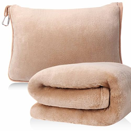 DAWNTREES 1 Pack Travel Blanket and Pillow, Beige