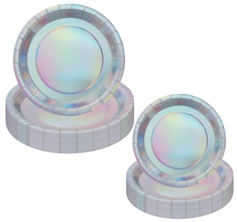 CEILIWEN Platos de papel iridiscentes – 50 platos holográficos de cena de 9 pulgadas y 7 pulgadas para fiestas (plata iridiscente)