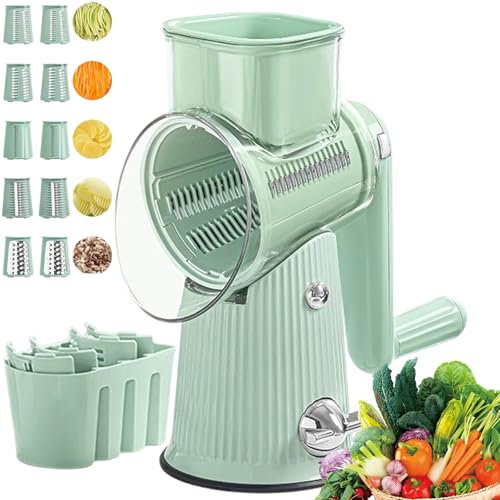 5 in 1 Rotary Grater Vegetable Slicer Chopper with 5 Blades Strong Suction Base for Kitchen Faster and Easy Cutting, Rotary Drum Grater for Cheese, Cucumber, Carrot, etc. (Green)