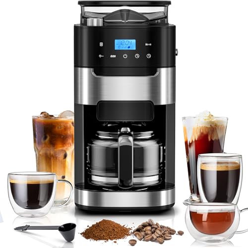 Kismile Cafetera digital de goteo de 10 tazas con molinillo integrado, temporizador de 12 horas, programable, tanque de agua de 1.5 litros, función de mantenimiento del calor, cafetera combinada y