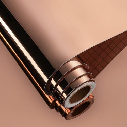 FunStick Papier Peint Rose Doré Autocollant Miroir Mural Salon Papier Peint Adhesif Métal Or Champagne Vinyle Adhesif Effet Miroir Réfléchissant Bricolage Rouleau Adhesif Decoratif Armoire 30CM×2M
