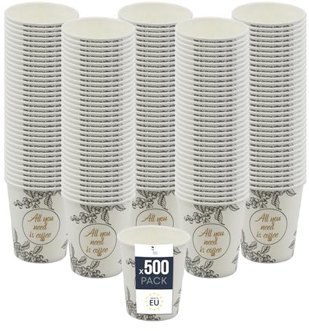 BenBow Kaffeebecher 250 ml x 500, Pappbecher zum Mitnehmen, Einwegbecher für Unterwegs, All You Need Is Coffee, Kaffee Becher für Büro und Kaffeemaschinen, Robust und Praktisch