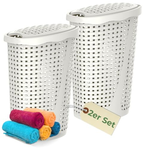 2er Set Wäschekorb mit Deckel Wäschesammler Plastik Wäschetonne Wäschetruhe weiß Wäschebox mit Deckel 31 x 40 x 60 cm 43 L Rattan Optik