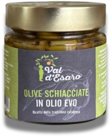 Olive Schiacciate alla Calabrese - Artigianali e Condite in 100% Olio Extravergine Calabrese - Gusto Autentico e Tradizionale - Val D'Esaro - 1 vaso da 200 g
