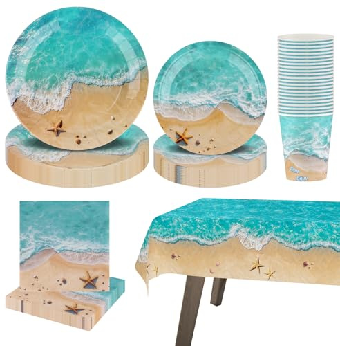 Arosche Beach Party Decorations Set for 24-Disposable Paper Plates and Napkins, Cups, Tablecloth, Tableware Summer Pool Seashell Party Decor for Hawaiian Summer Birthday Themed Party Supplies