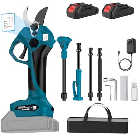 Forbici Potatura a Batteria con 2M Asta, Potatore Telescopico a Batteria con 2 × 1500mAh Batteria, Display, Diametro di Taglio 40-55MM, Portatile Cesoie a Batteria per Potatura per Frutteto, Giardino