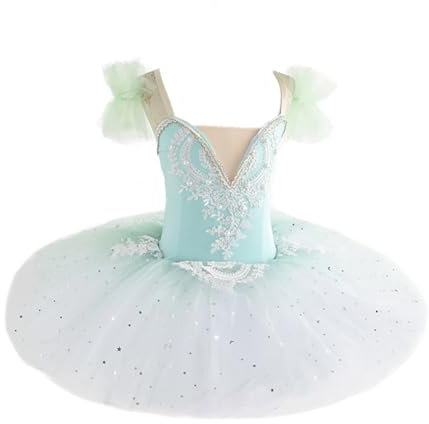 EFLALYHG Mädchen Professionelles Ballett-Tutu, Flauschiger Rock, Schwanensee-Tänzerin, Kostüm, Stickerei, Tanzaufführung, Wettkampfkleid,Turquoise,120