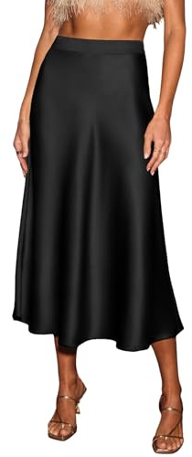 CUPSHE Falda midi de satén elegante para mujer, línea A de cintura alta, falda de sirena ligera para trabajo, noche, uso casual, Negro, L