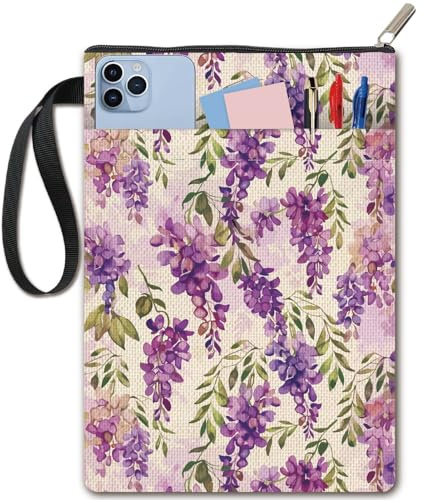 CRASPIRE Funda de Libro con Diseño de Flores de Glicina Funda Morada para Libros de Bolsillo Funda de Tela Lavable con Cremallera Y Bolsillo Adicional Amantes de la Lectura