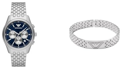 Emporio Armani Herren Silberfarbene Edelstahl Uhr und Armband, Set