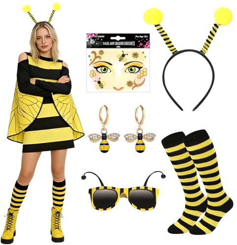 CHMMY Disfraz de Abeja Mujer Adulto, Disfraz Abeja Mujer de Carnaval con Trajes de Abejas, Calcetines, Pendientes, Gafas, Pegatinas de Abeja para Cosplay Carnaval Fiesta M