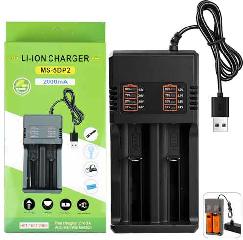 Ladegerät Accu 18650 26650 21700 18500 14500 10440, Universal-Ladegerät, 2 Slots, Ladegerät für Li-Ion-Akku, 3,7 V, mit USB-Kabel, intelligente LED-Anzeige und sicherer Schutz