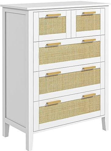 HOMCOM Commode 5 Tiroirs Poignées Bois Massif Glissières Métal Bureau Blanc