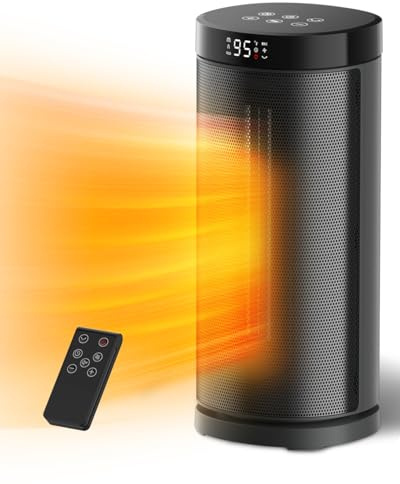 Space Heater for Indoor Use, 1500W Electric & Portable Ceramic Heaters with Thermostat, 4 Modes, 24Hrs Timer, 80°Oscillating Room Heater with Remote, Safe for Office Bedroom Use，15IN