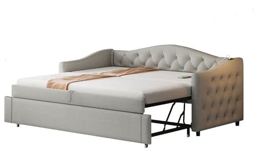 Azkoeesy Sofá Cama con Cama Nido Extraíble y Patas Plegables 90x200+90x190 cm, Transformable en Cama Matrimonio 180x200 cm, Tela de Lino Color Gris para Niños y Adultos