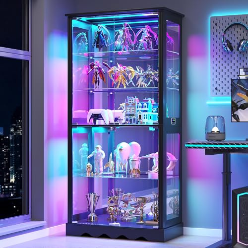 FREDEES Glass Display Cabinet with Lock and RGB Lights, 5-Tier, Black | Curio Display Case with Glass Doors, with Adjustable Shelf and Human Sensor Design, For Collectibles/ Toys/ Books