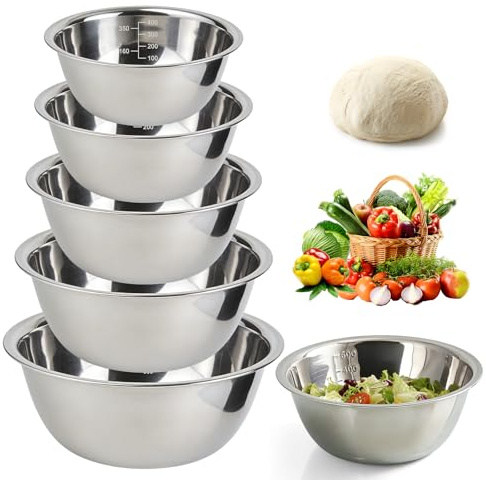BAIFULAI Juego de 5 cuencos de acero inoxidable: ensaladera apilable de metal con escala y base plana, cuenco para mezclar pulido con espejo, acero inoxidable para cocina, hornear, servir, 14/16/20/22