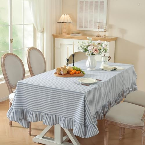 Blausky Tischdecke Baumwolle Leinen mit Rüschenkante 140x260cm,Landhausstil Tischwäsche Tischtuch für Küche Esszimmer Gartentisch,Stoff Tischdecke für Alltag Weihnachts Picknick,Blau-Weiß