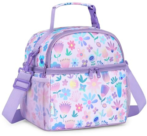 VASCHY Lunch Bag for Girls, Insulated Lunch Box Bag Double Decker Cooler Lunch Tote for Toddlers Kids Women School/Daycare/Picnic Lavender Floral
