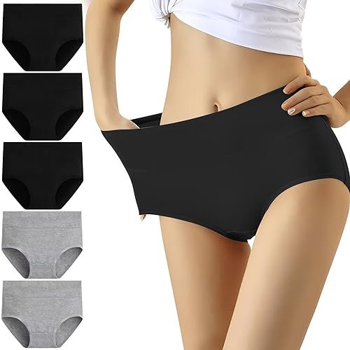 YouShow Unterhosen Damen 5er Pack Baumwolle Hohe Taille Unterwäsche Slip Stretchanteil(Mode Schwarz,L)