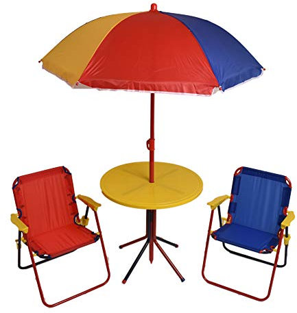 Dealz Outdoor Kids Bistro Patio Set Outdoor Garden Furniture with Parasol Tea Party, Home Schooling, Multi Coloured 4-Piece Children's Patio Play Set