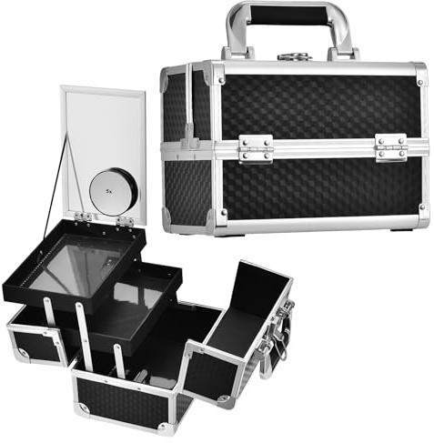 Joligrace Makeup Box Vanity Case Cosmetic Organiser Case Beauty Box with Mirror and Magnification(5X) Spot Mirror, Black