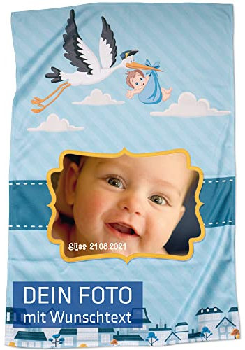 INDIGOS UG - Mikrofaser Fleece-Decke - Geburt Baby Name Gewicht - Größe 60 x 90 cm - individuell Bedruckt - Fotogeschenk für Junge und Mädchen Geschenkidee personalisiert Geburtsdatum
