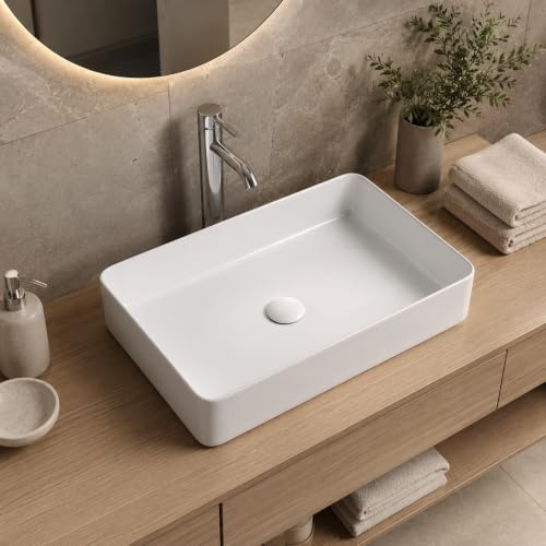 Art-of-Baan® Premium Waschbecken aus Keramik I hochwertiges Handwaschbecken mit Lotus-Effekt I eckiges Aufsatzwaschbecken in hochglanz weiß I Maße: 61 x 41 x 11,5 cm