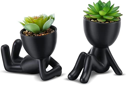 Aoipend 2 plantas suculentas artificiales lindas con macetas creativas en forma humana, mini suculentas en maceta para decoración del hogar (negro mate)
