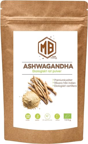 MB Superfoods - Ekologisk Ashwagandha Rotpulver, Källa från Indien, Ej GMO & Glutenfri - Fokus Humörstöd, Öka Energi, Max Styrka, Förbättrad Absorption - 100 Gram