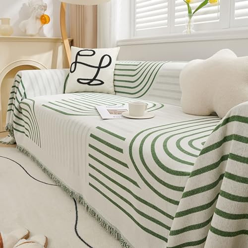 Epinki Sofaüberwurf, 180x300CM Sofa Überzug Antirutsch mit Quaste Streifen Muster, Anti-Rutsch Sofaschoner aus Chenille Möbelschutz-Sofabezüge, Grün