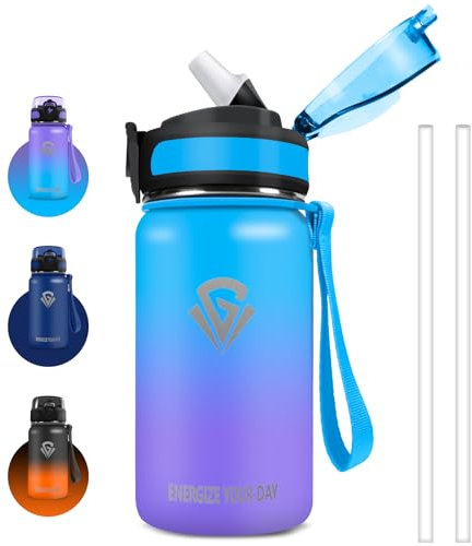 Grsta Trinkflasche, 500ml Trinkflasche Kinder, Trinkflasche Edelstahl mit Strohhalm, Trinkflasche BPA Frei, Leicht zu Reinigen, Trinkflasche Auslaufsicher, für Kindergarten, Schule, Büro, Sport