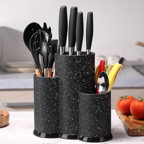 Universal Knife Holder, 3-in-1 Round Kitchen Knife Block Without Knives and Utensil Holder, Detachable Knife Holder for Easy Cleaning, Space Saving Knife Storage Holder with Scissors Slot - Black