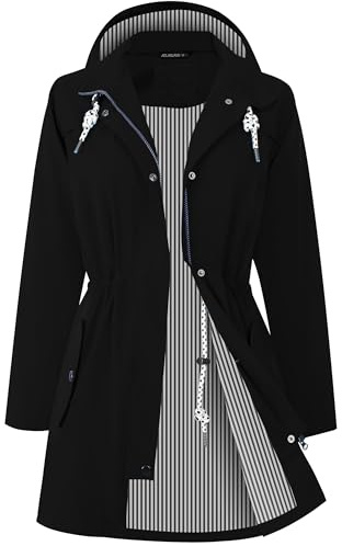 Zdoynto Regenjacke Regenmantel Damen Kapuze Lang Women Rain Jacket Frauen Übergangsjacke Softshelljacke Wasserdicht Trenchcoat Outdoor Schwarz XXL